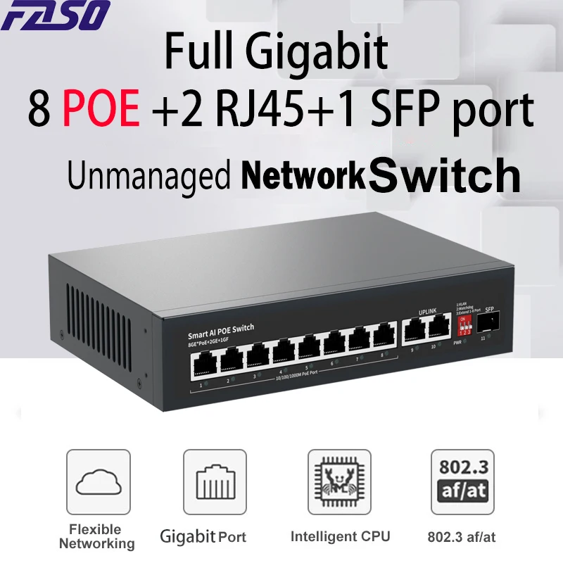 

10-портовый гигабитный RJ45 с 1 портами 1,25G SFP Ethernet Сетевой коммутатор POE Smart Switch Настольный настенный сетевой коммутатор с питанием