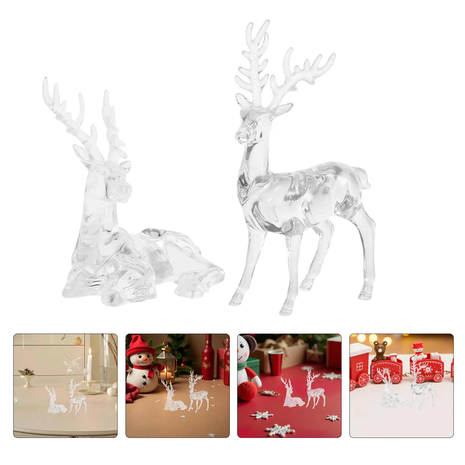 2Pcs Clear Reindeer Christmas Decor Acrylic Deer Statues Sitting Standing Holiday Home Table Collectibles Deer Table Decor