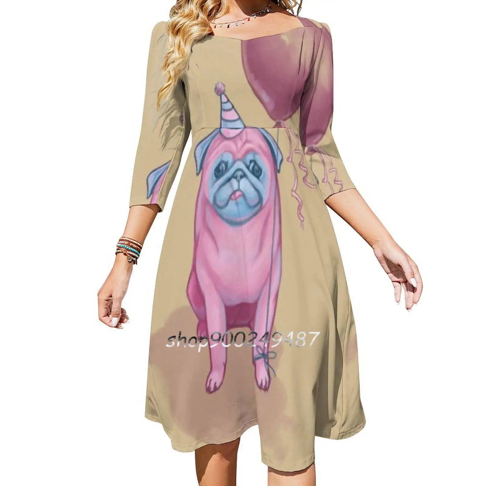 Party Pug Women Spring Autumn Long Sleeve Dress Female Casual Dress Pug Party Cute Dog Pup Puppy Pink Blue Balloon Funny Fun