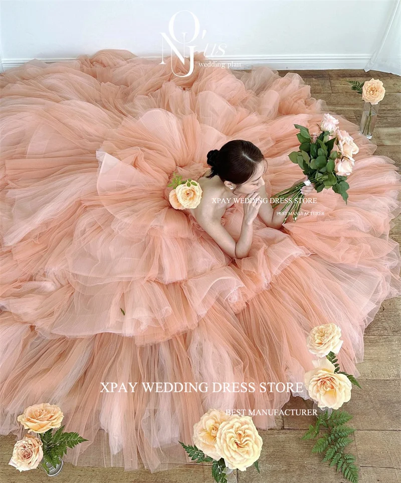 XPAY Blush Pink Tulle Long Prom Korea Evening Dresses Customised Receiption Strapless Tiered Princess Garden Wedding Gowns