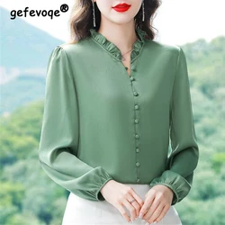 Camicetta elegante arruffata di seta di alta qualità da donna camicetta Casual da donna a maniche lunghe con maniche lunghe in tinta unita moda coreana Blusas