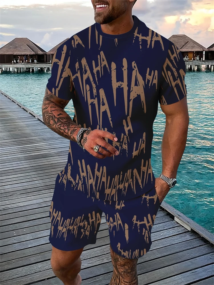 Men's Casual Sports Suit With Fun Printed Round Neck Short-sleeve T-shirt And Shorts Two-piece Set Outdoor Street Fashion Set