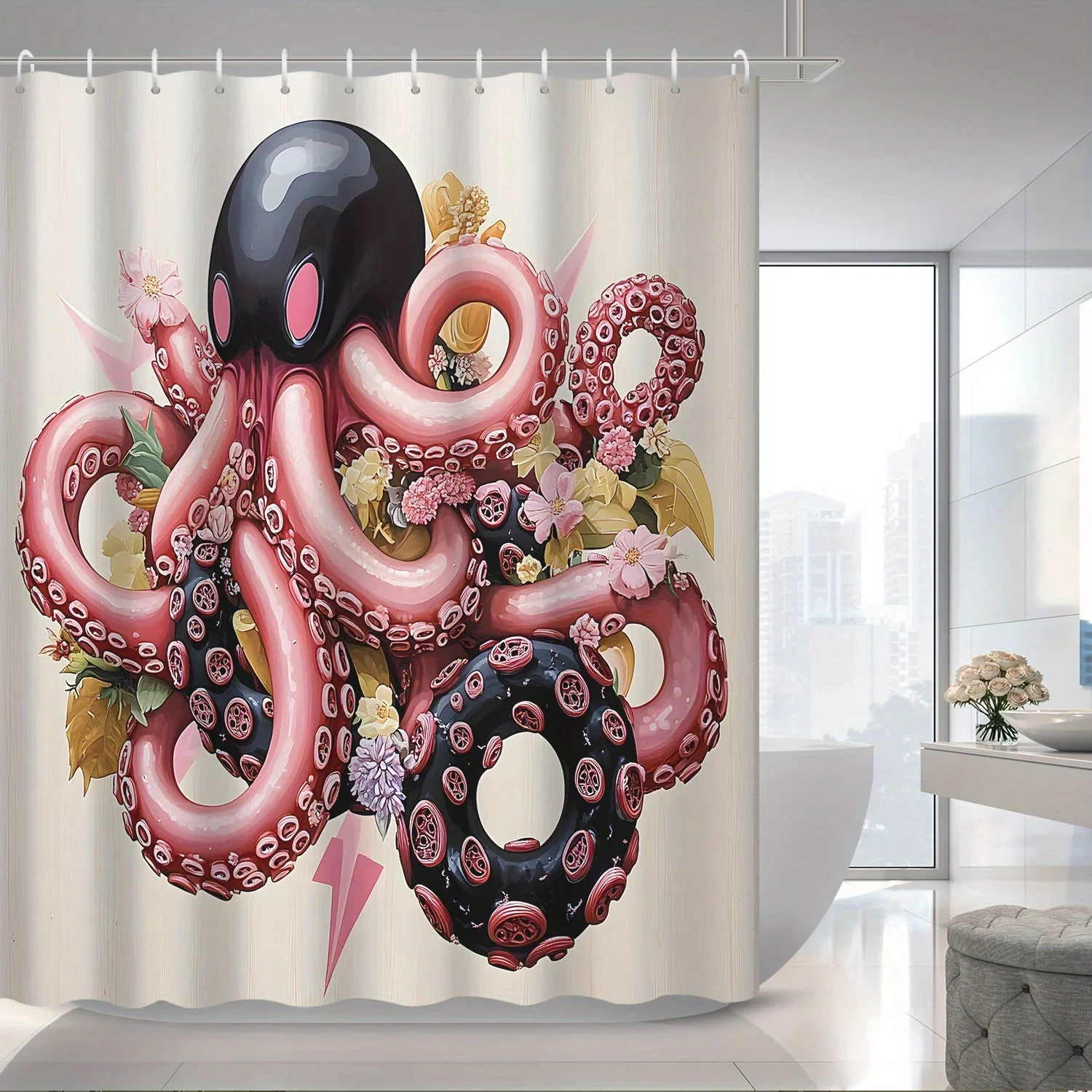 

1pc Cartoon Art Painted Large Octopus Shower Curtain, Decorative Printed Bath Screen with Hooks Included, Bathroom Accessor