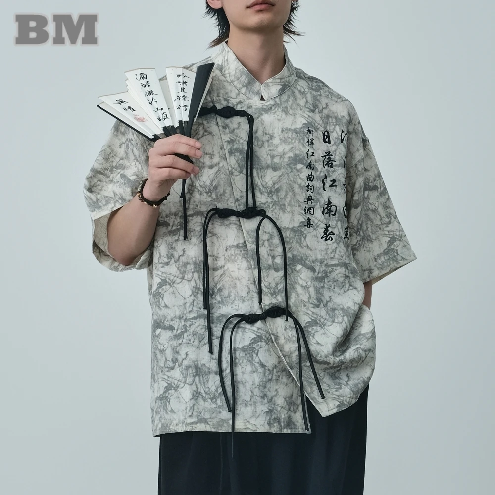 

Chinese Style Calligraphy Print Shirt Men Clothing Vintage Chinese Elements Casual Short Sleeve Tai Chi Kung Fu Tops Male Blouse