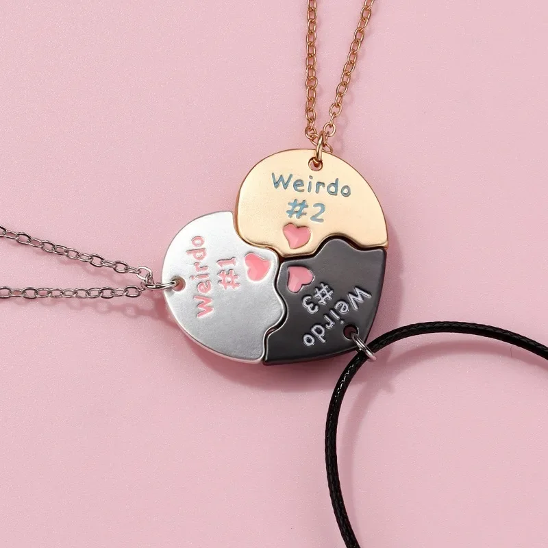 Lovecryst 3Pcs/set Heart-shaped Stitching Letter Weirdo 1 2 3 Best Friend Friendship Necklace for Girls BFF Jewelry Gift