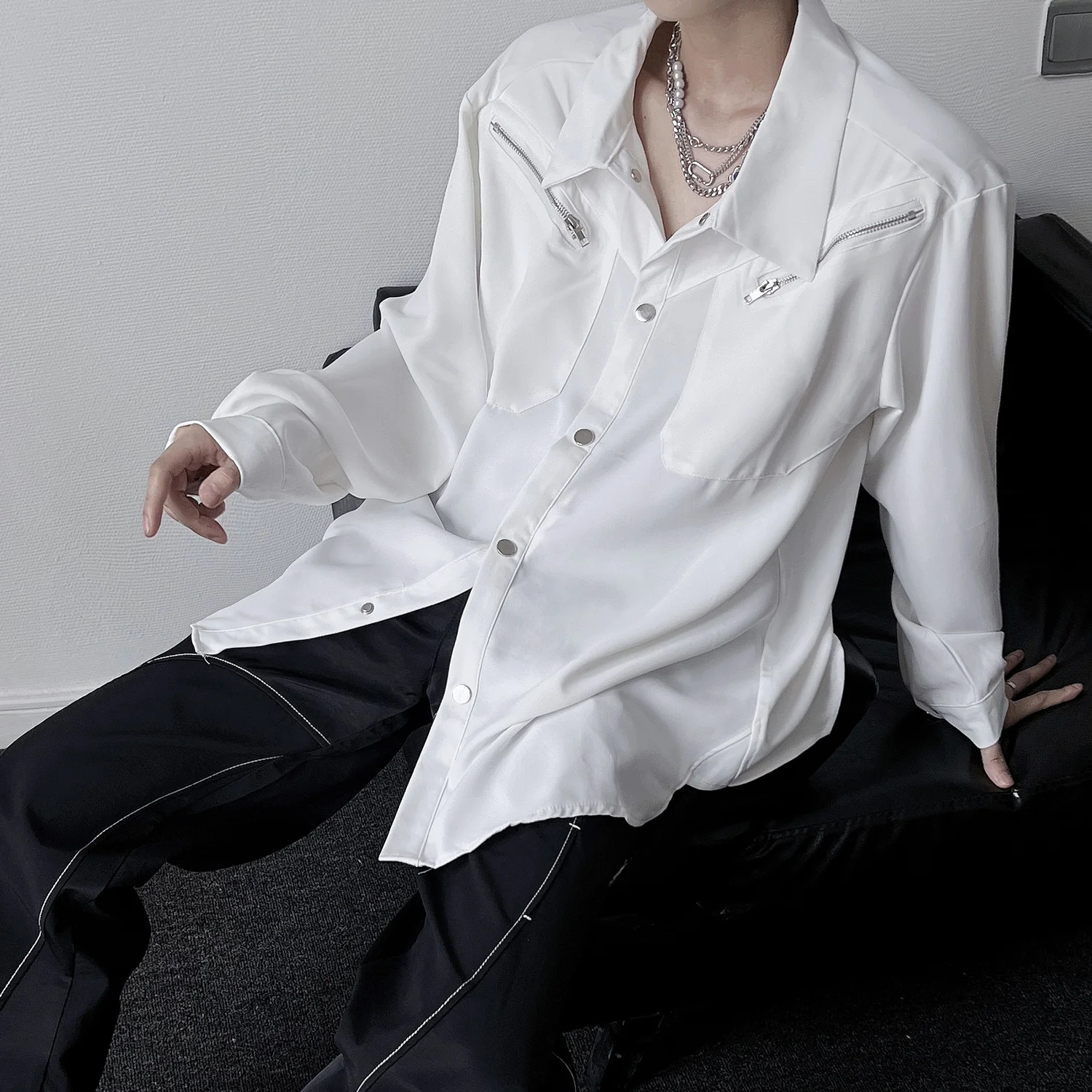 

Niche Design Men Clothing Zipper High-end Shirt Men Solid Color Long Sleeve Casual Korean Fashion Loose White Shirts for Men