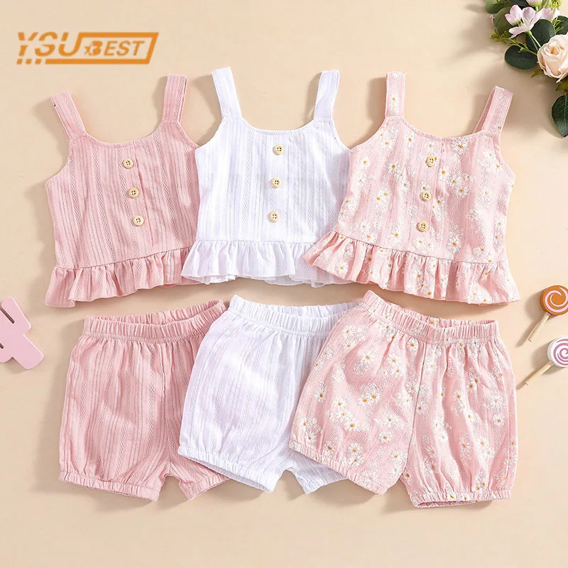 

Summer Kids Baby Girls Sleeveless Daisy T-shirt + Shorts Suit Baby Girls Pure Color Clothes Suit Infant Baby Girls Clothing Suit