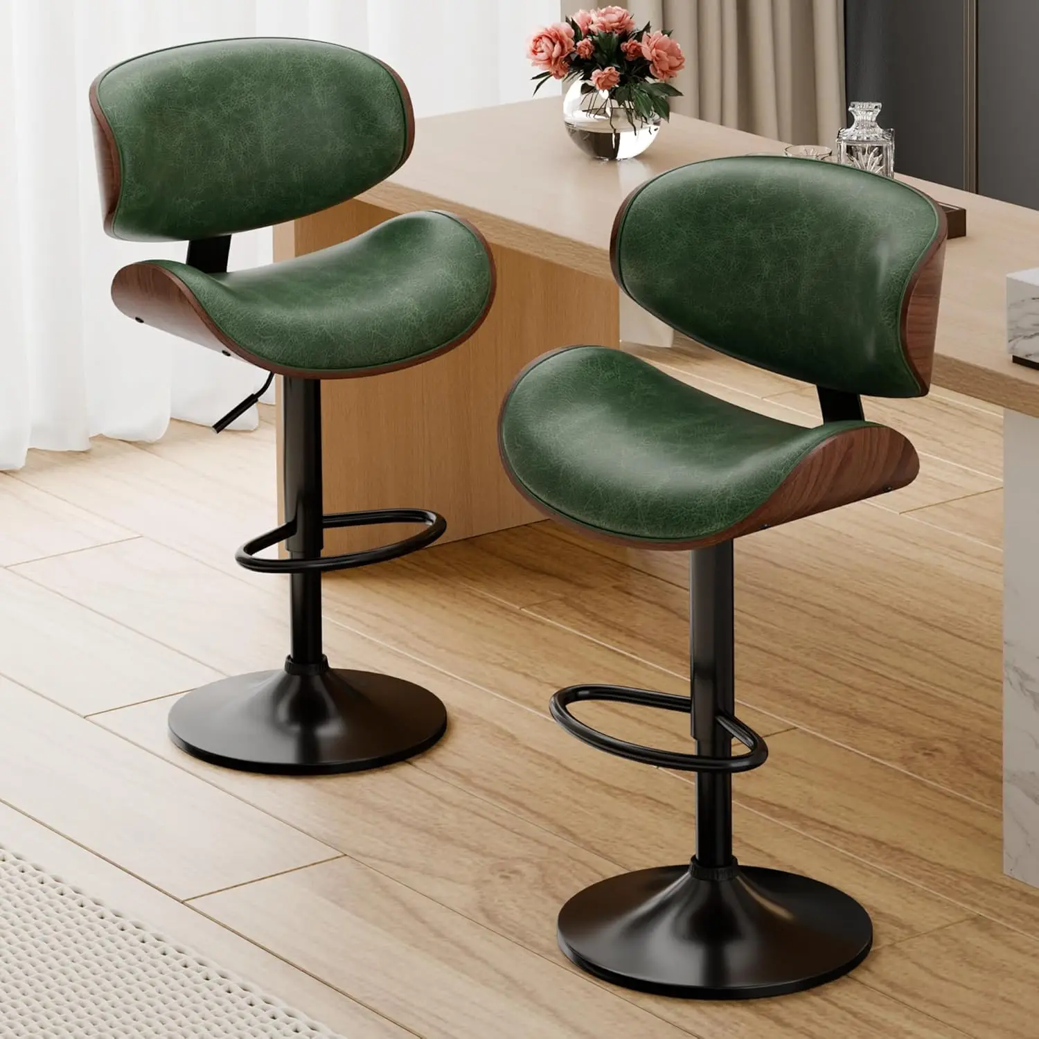 Bar Stools Set of 2, Adjustable Swivel Leather Bar Stools for Kitchen Island, Mid Century Modern Counter Height Bar Chairs。