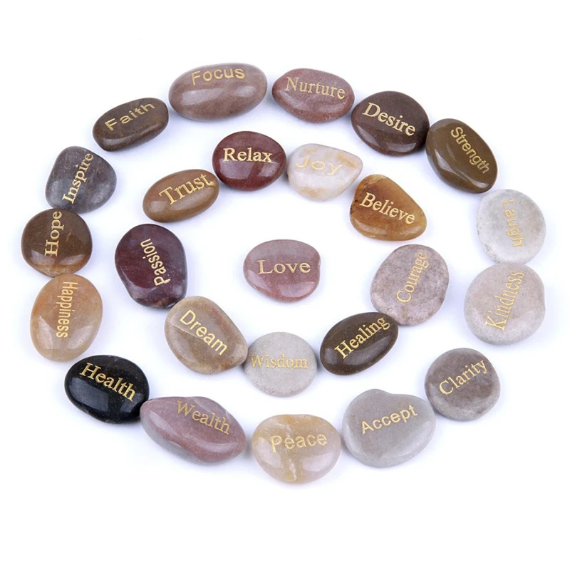 T03C-25 Piedras inspiradoras grabadas con palabras de estímulo Piedras grabadas en oro para piedras de meditación de afirmación de preocupaciones