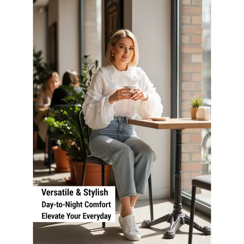 Fashion Women's Cotton Blouse Long Sleeve Autumn Winter Lantern Sleeve Ruffle Accent Loose Fit Chic Top Elegant Everyday Shirt