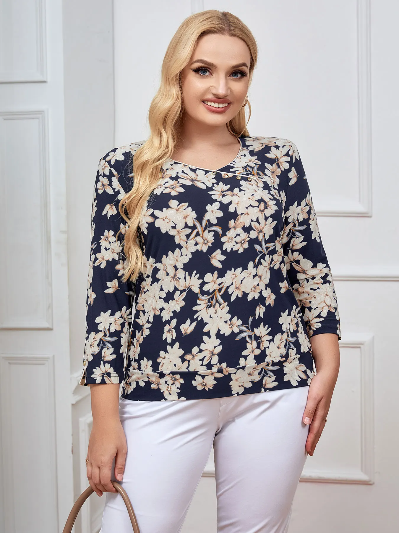 Moda damska Plus Size góra wiosna elegancki Top odpowiednia dla okrągłych damskich bawełnianych Top na co dzień