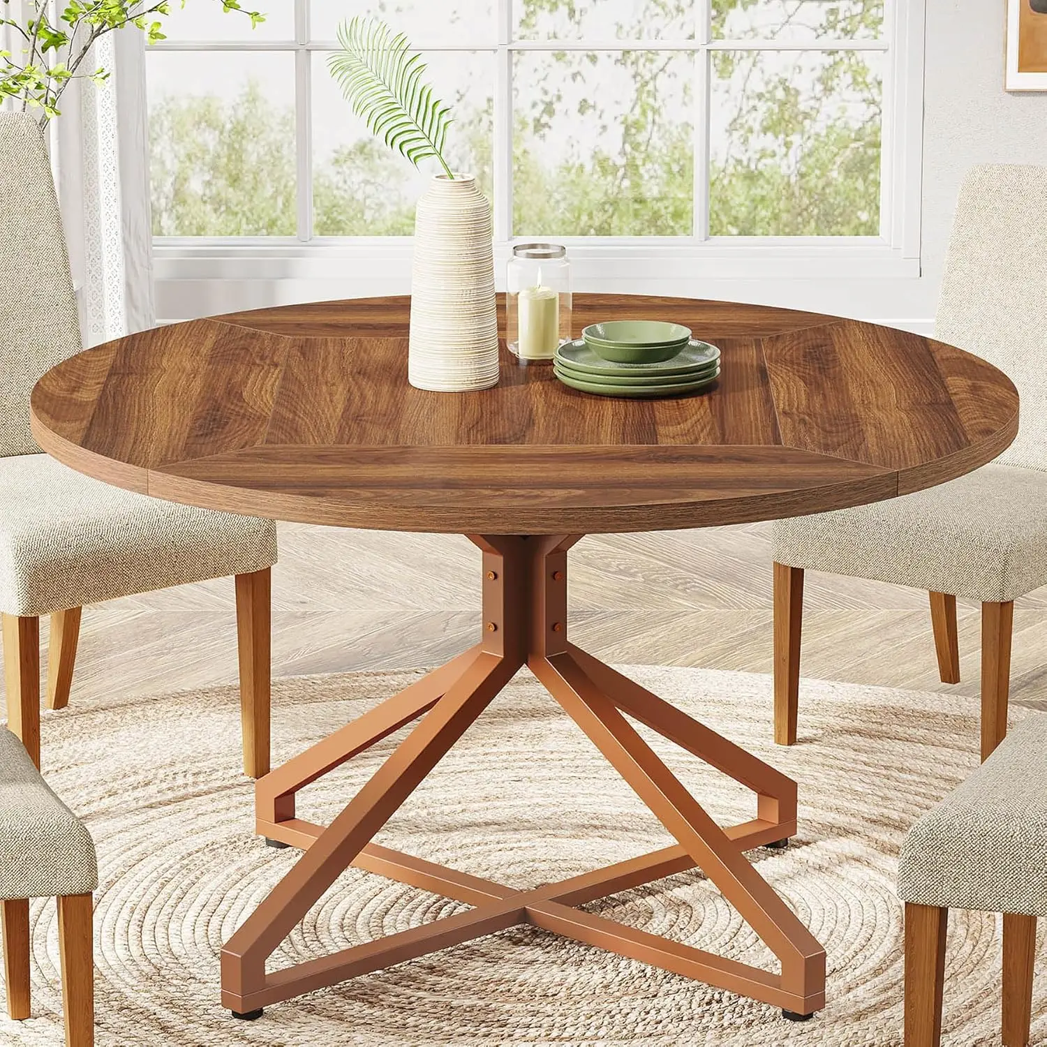 Round Dining Table for 4-6 People, 47-Inch Circle Kitchen Table Dining Room Table with Metal Pedestal Base, Wood