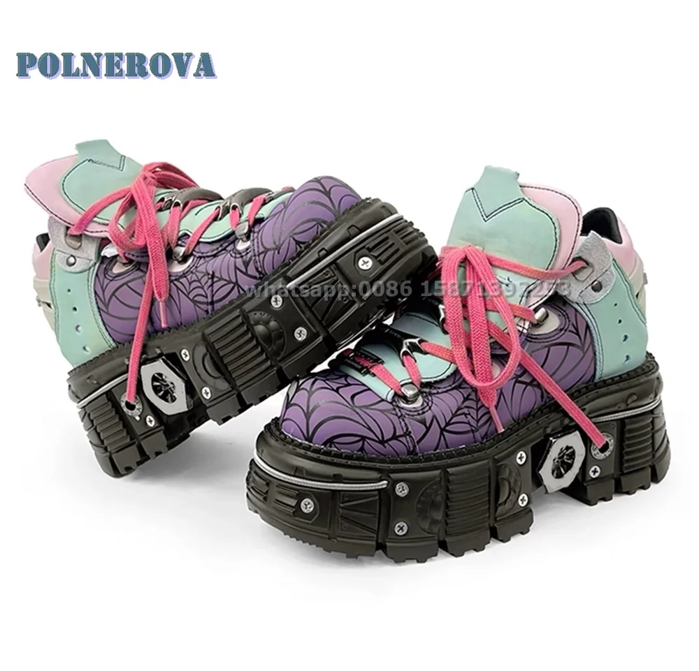 Metal Decoration Rivet Platform Pumps Round Toe Tank Soled Spider Web Pattern Cross Tied Pantshoes Mixed Colors Punk Shoes Trend