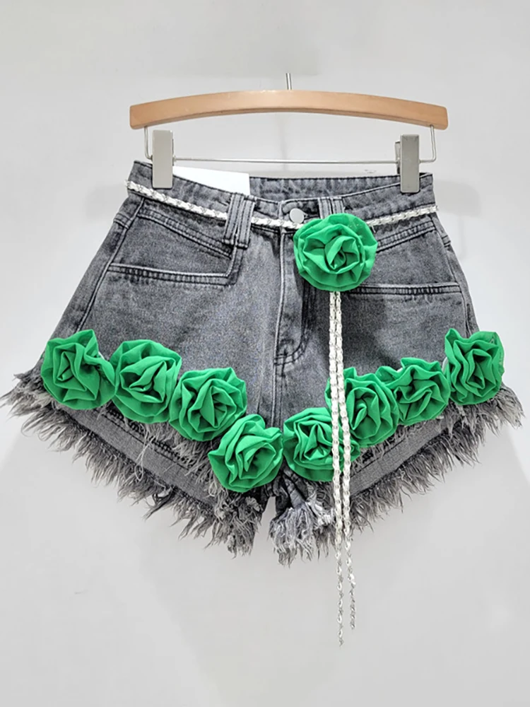 Imagem -06 - Deat-shorts Jeans Femininos Flores Coloridas Cinto Torcido Rebarbas de Cintura Alta Calças Curtas de Perna Larga Nova Moda 29l7245 Outono 2023