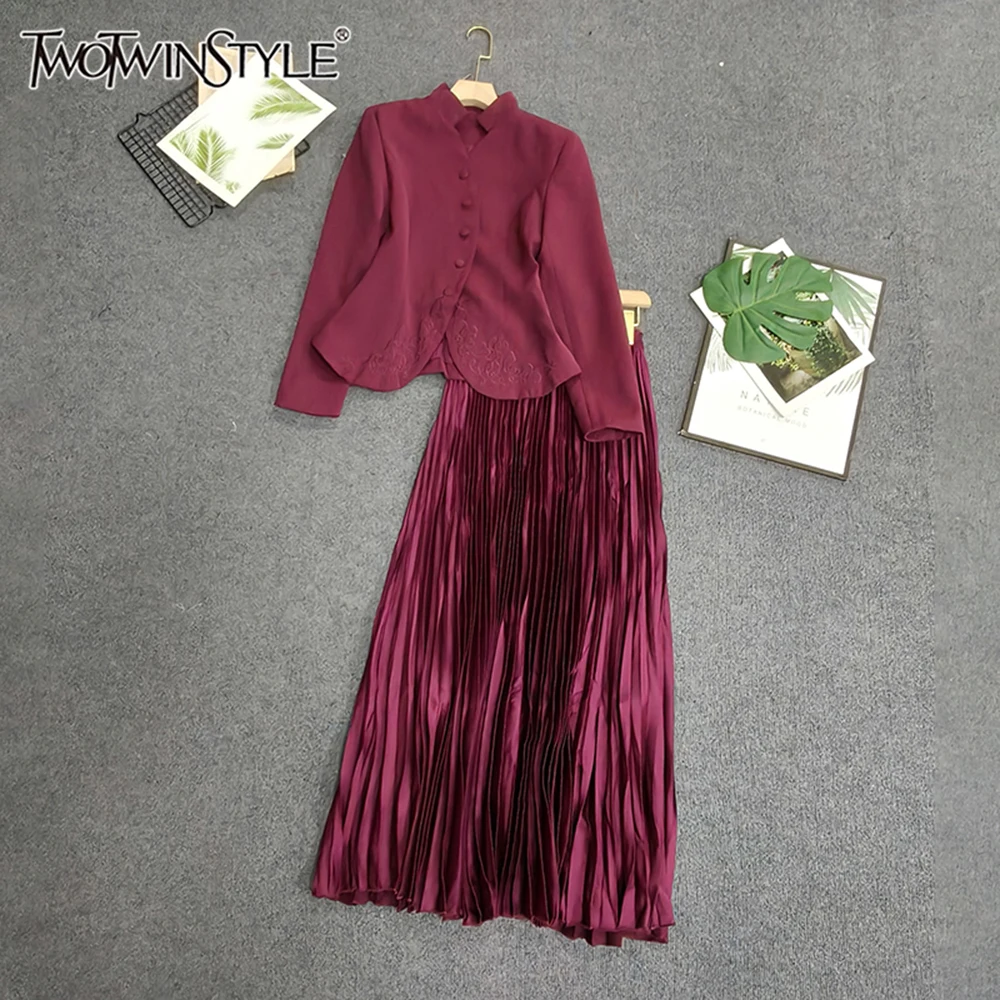

TWOTWINSTYLE Elegant Vintage Two Piece Sets For Women Stand Collar Long Sleeve Top High Waist Skirt Chic Set Female KSE512259