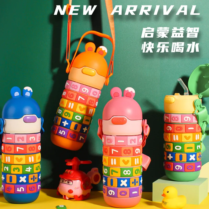 Children's Math Toy Stainless Steel Water Bottle Cute Thermo Stainless Steel Water Bottle with Strap and Straw
