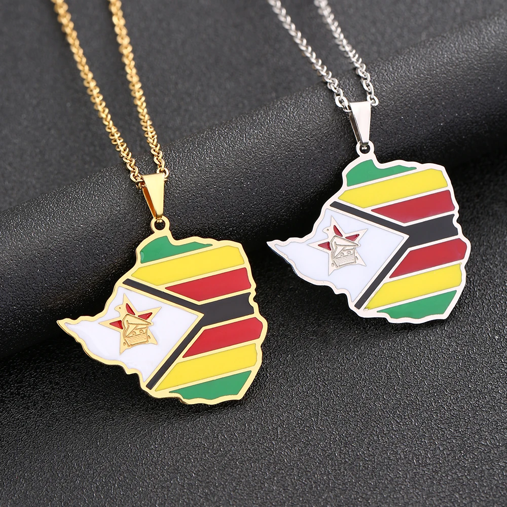 Africa Zimbabwe Map Flag Pendant Necklace Stainless Steel Gold Color African Men Women Maps Jewelry Gift