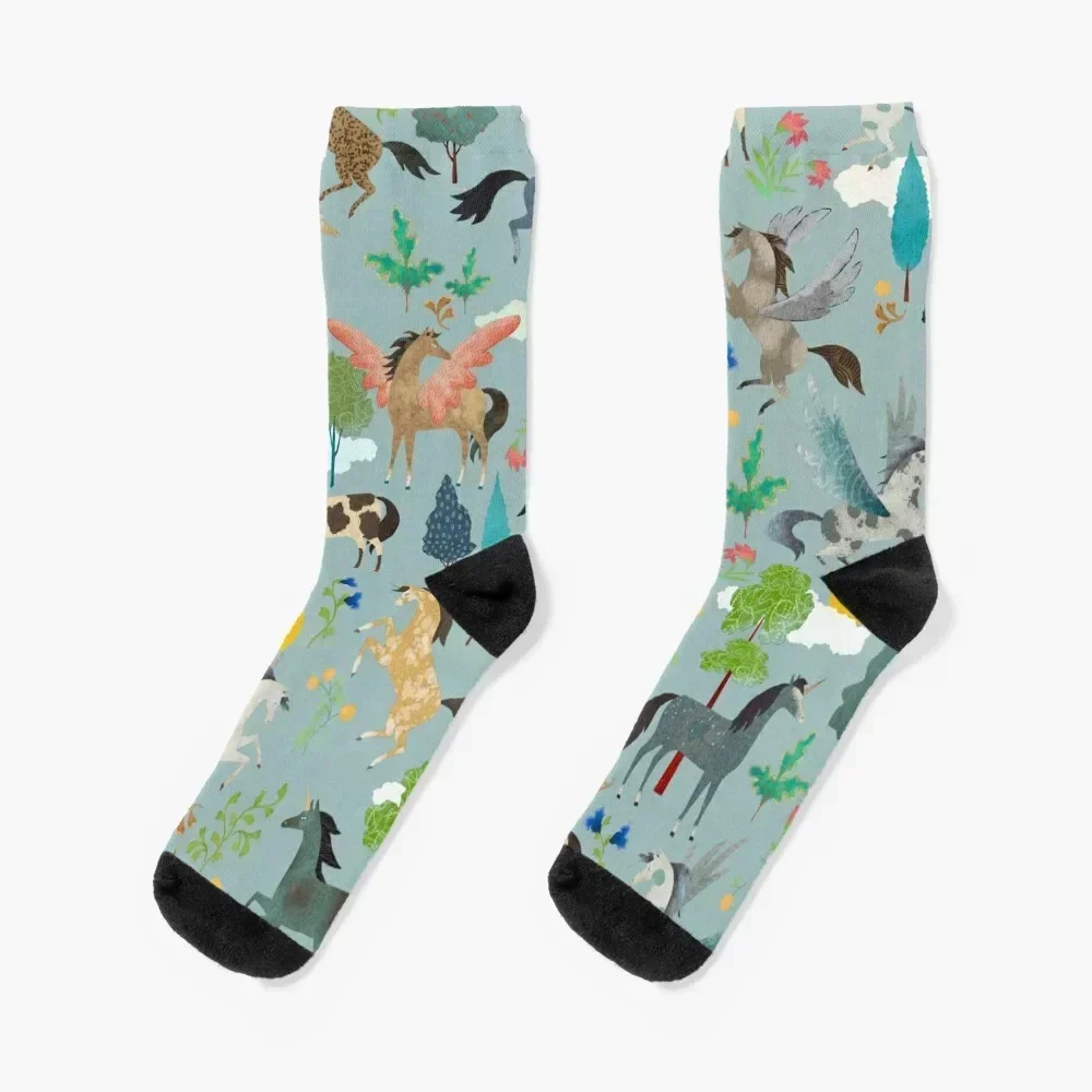 Enchanted Unicorn Garden on a stormy blue background Socks moving stockings halloween tennis Luxury Woman Socks Men's