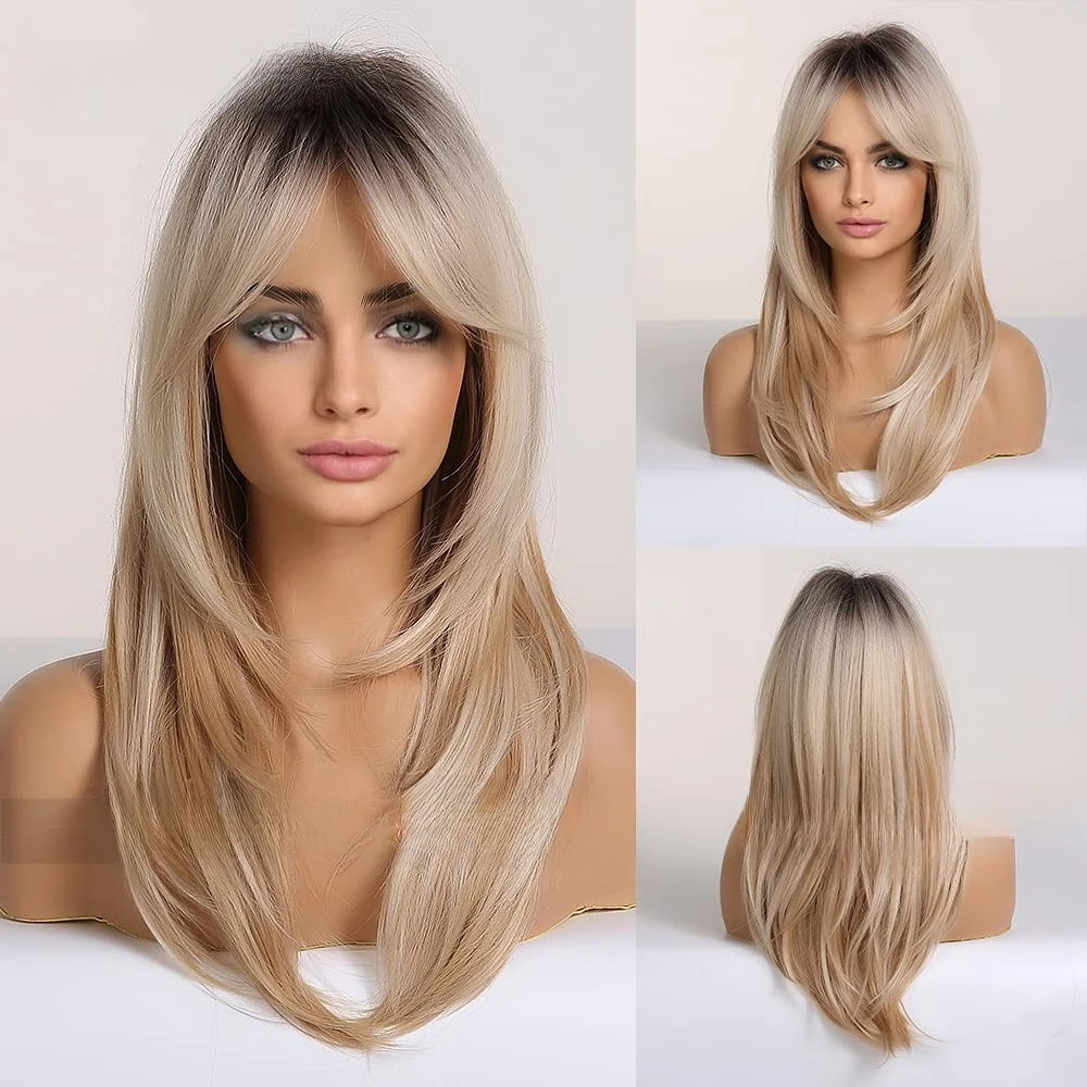 

Full headgear gradual change gold black brown hot-selling medium long straight hair tail curl, wig
