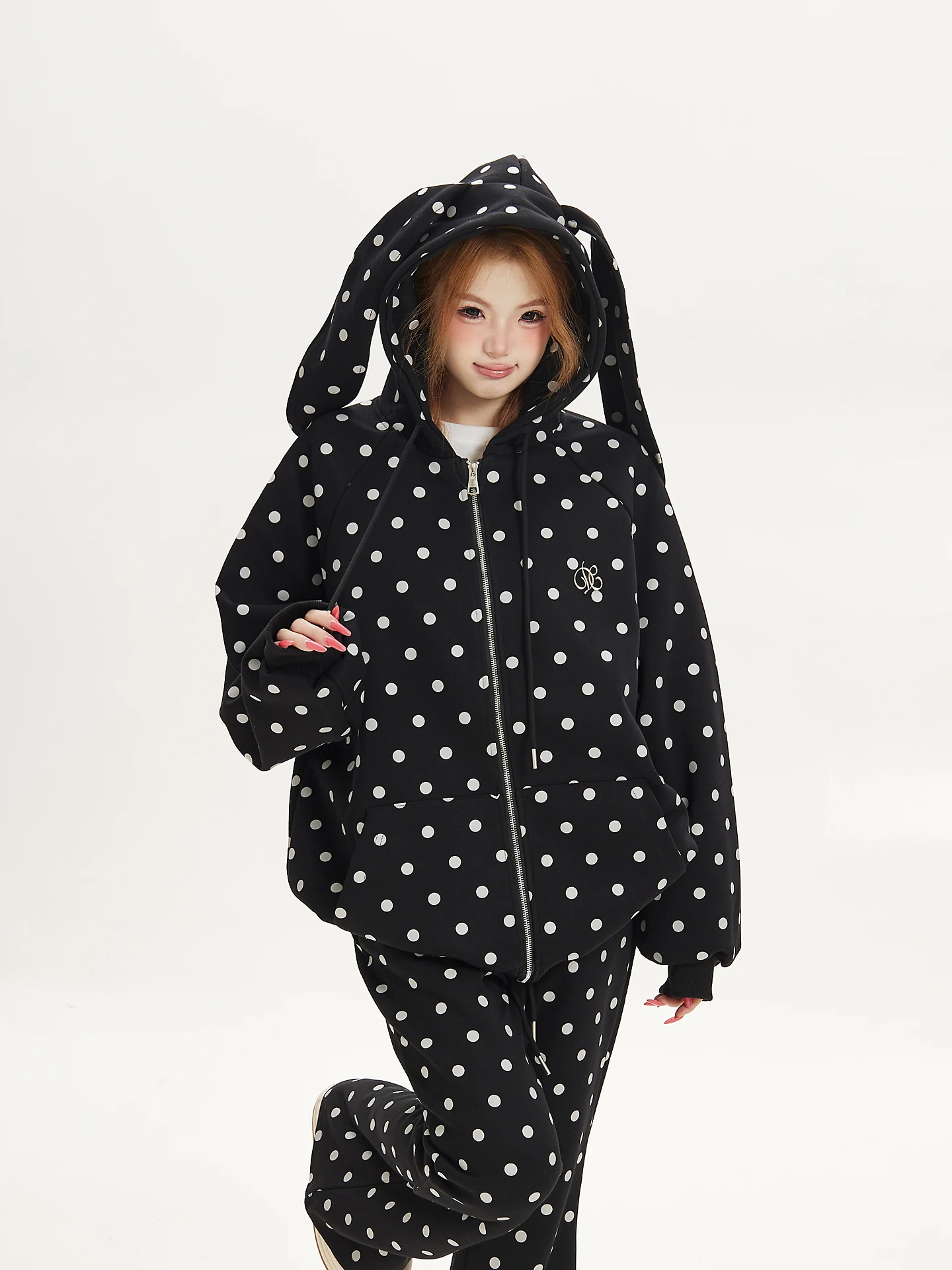Sweet Polka Dot Rabbit Ear Hoodie Cardigan Women's Spring Autumn Cute Two-Piece Set Casual Loose Fit Long Sleeve Cotton Blend