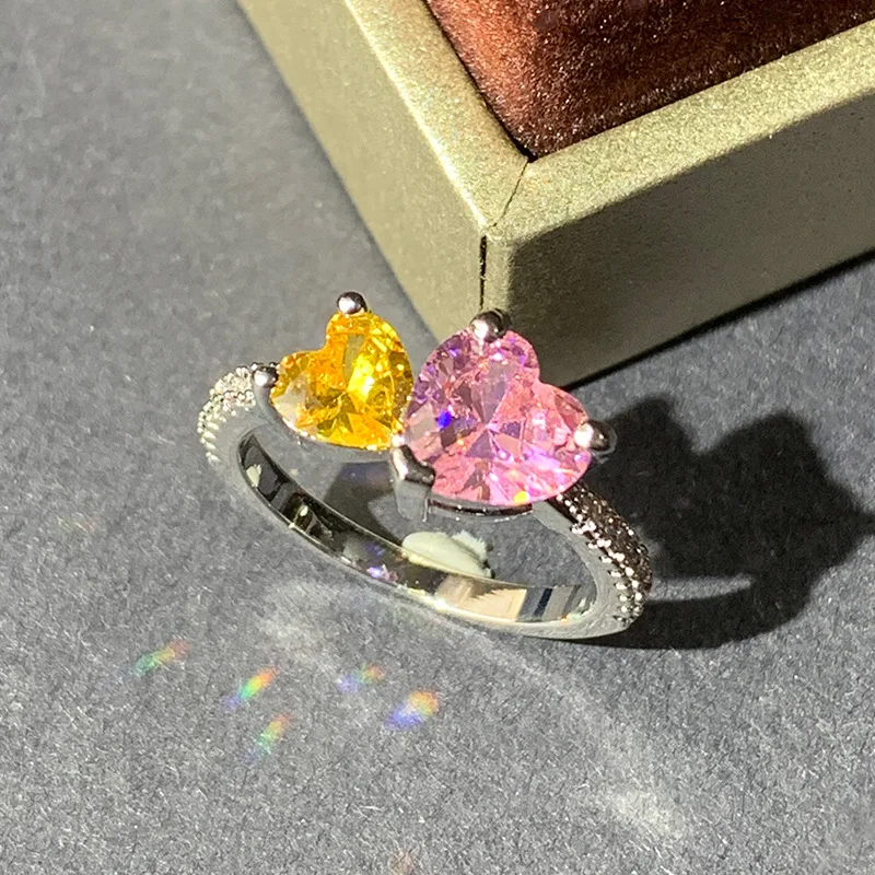 Sweet Romantic Double Heart-shaped Zircon Ring For Women 925 Silver Pink Yellow Diamond Jewelry Party Bridal Proposal Gift