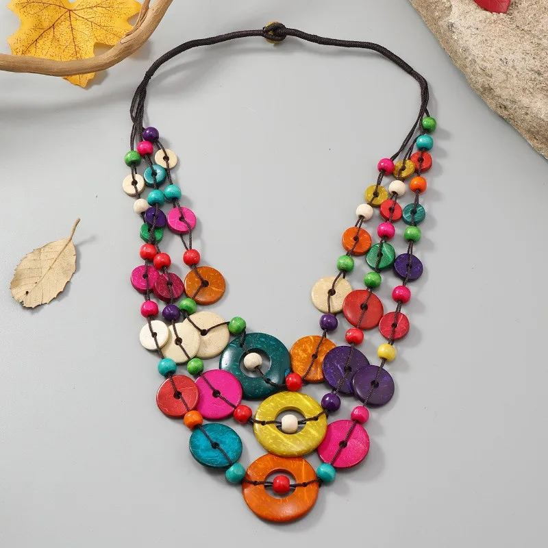 Bohemian ethnic style multi-layer colorful round coconut shell wood beads vintage fashion handwoven necklaces wholesale