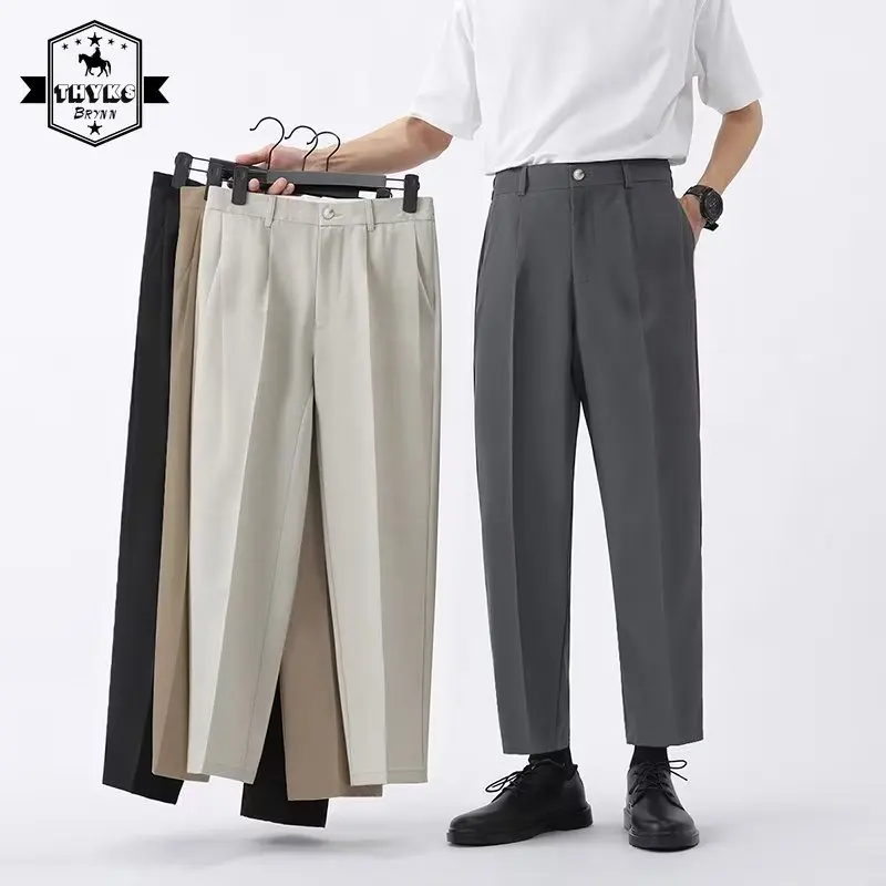 

Men's Thin Slim Fit Suit Pants Business Korean Light Luxury Loose Casual Straight Trousers Male Solid Color Simple Cropped Pants