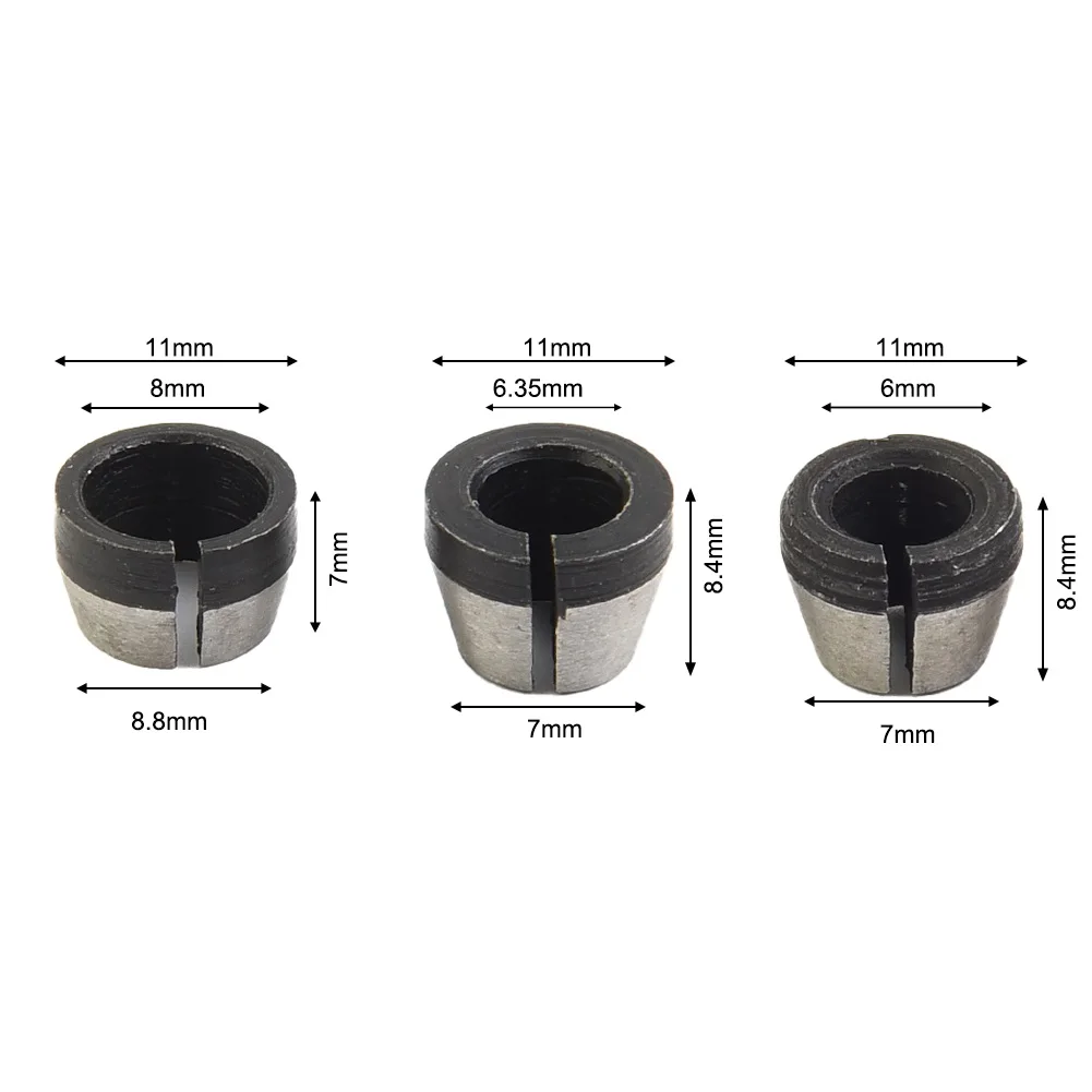 

3x Collet Chuck Trimming Machine 6/6.35/8mm Carbon Steel For Engraving Trimming Machine Electric Router Collet Chuck Power Tools