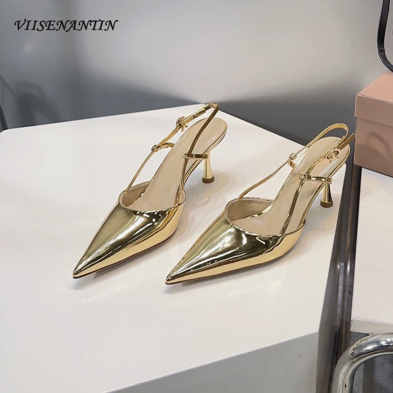 

Gold Sliver Mirror Leather Women Pumps Sexy Pointed Toe Thin High Heel Slingback Sandals Concise Elegant Lady Dress Party Shoes