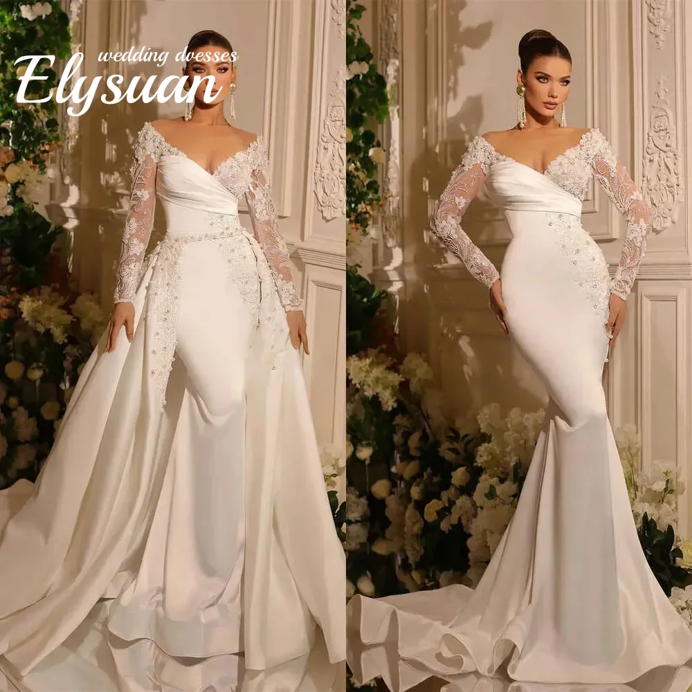 

Индивидуальное Стильное Роскошное Свадебное Платье «Русалка» с Рукавами, Элегантным V-образным Вырезом, Длинным Кружевом, Жемчугом и Съемным Шлейфом. Vestidos De Novia