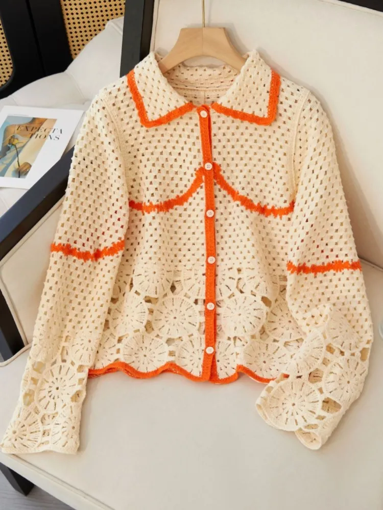 

2025 Spring And Autumn Bohemian National Style Hollow Flower Embroidery Cardigan Tops Lapel Long Sleeve Knitted Cardigan Jacket