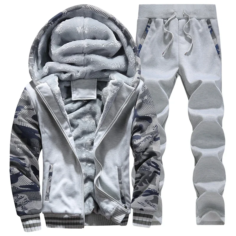 2022 Fleece Winter Tracksuit Men Set Streetwear Mens Hoodie Sets Camouflage Thick Hooded Jacket Male Patchwork Moleton Masculino