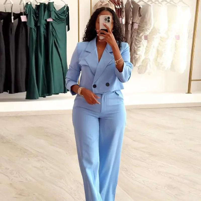 

Leosoxs Two Piece Pant Sets Casual Outfits Women Turn Down Collar Long Sleeve Blazer + Wide Leg Pant Suit OL Office Lady Clothes