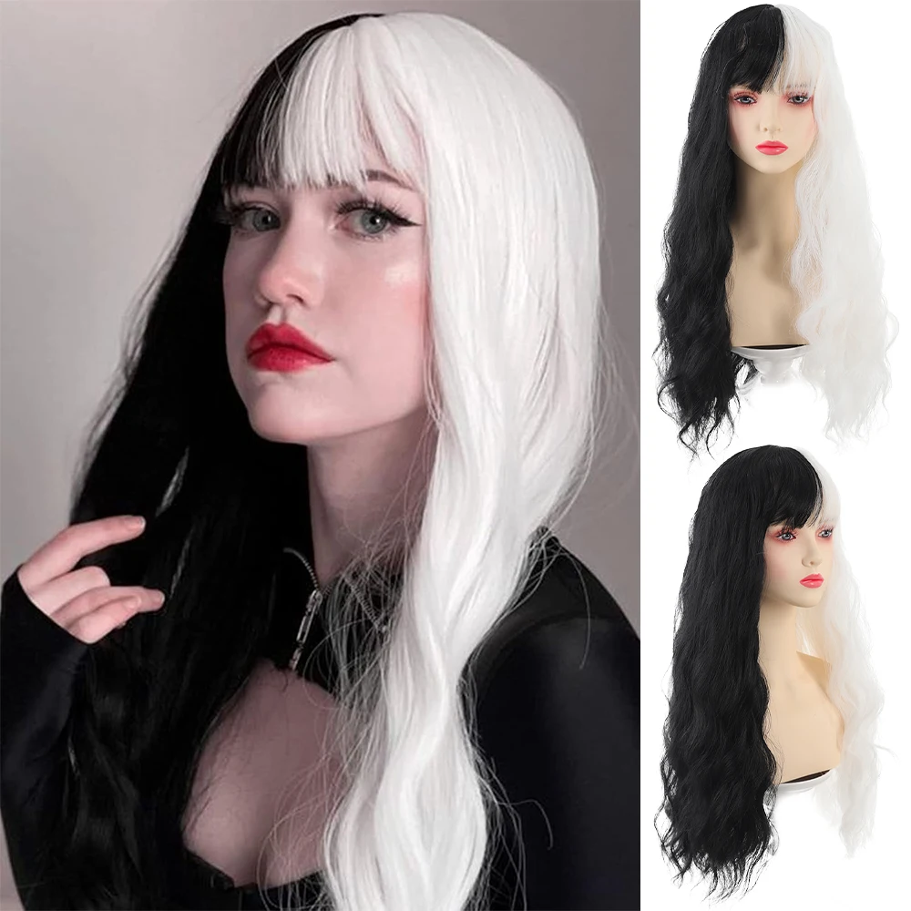 

Women's Black and White Wig 24 Inches Long Curly Wavy Hair Wig Heat Resistant Fibers Synthetic Wig For Women Girl Cosplay Party