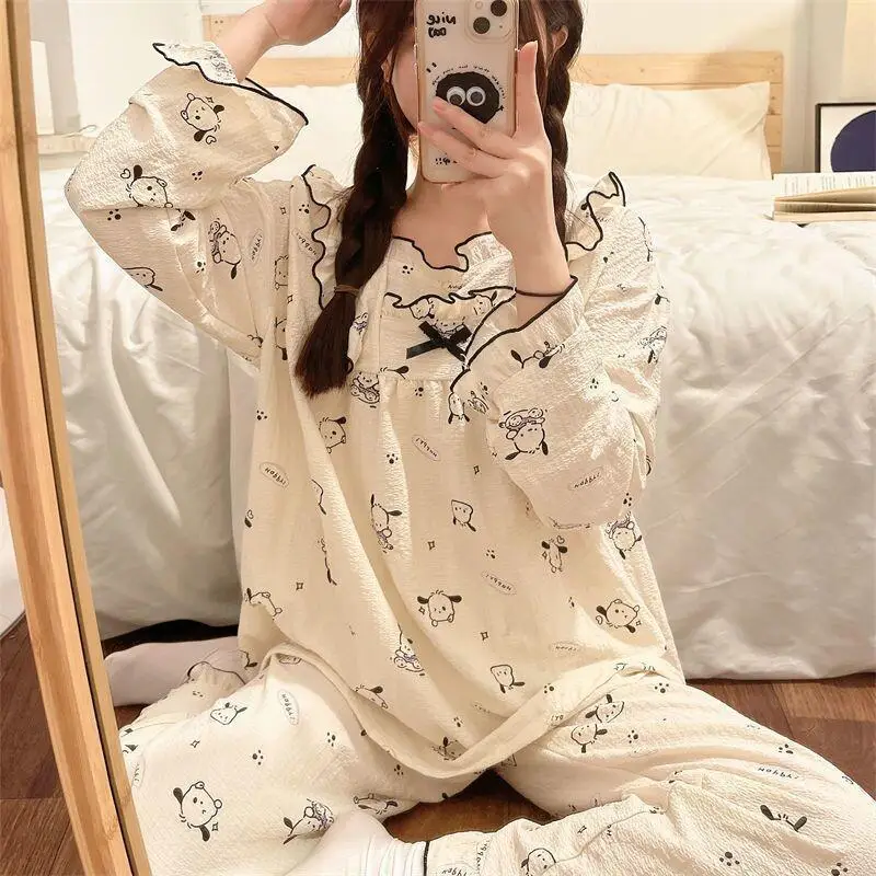 

Комплект пижам Sanrio Hello Kitty, хлопок, женский, для дома, с длинными рукавами и длинными брюками, милый стиль Instagram, новинка весна-осень, милый дизайн Pochacco