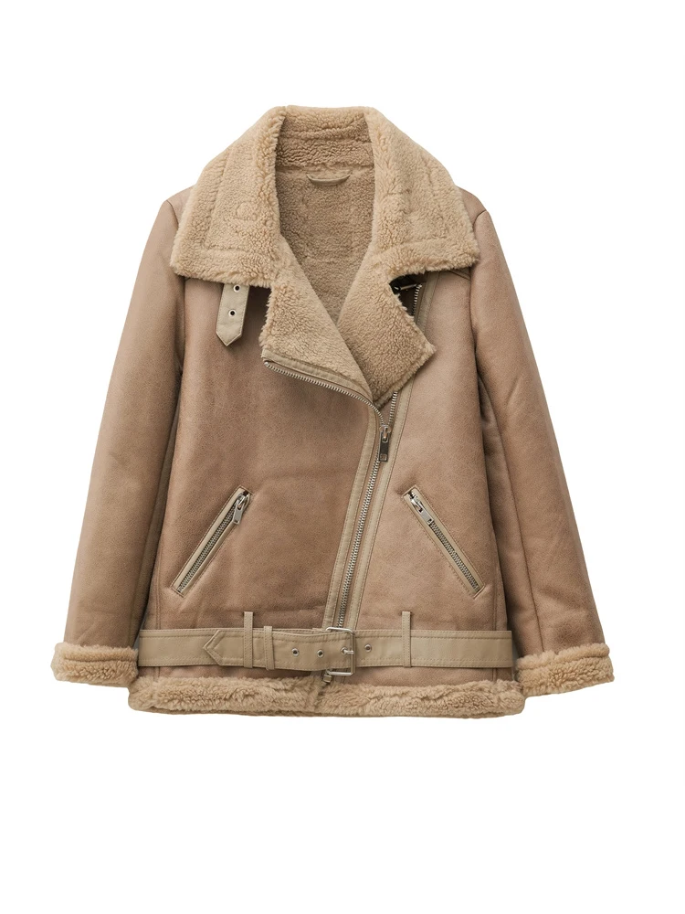 2025 nueva chaqueta de piel de mujer europea y americana de manga larga con cuello levantado chaqueta de doble cara de piel un abrigo grueso y cálido