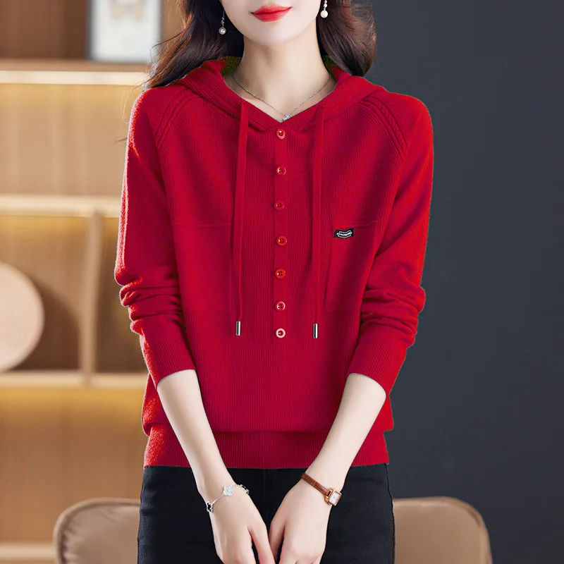 Maglione da donna a maniche lunghe con cappuccio Nuovo lavoro a maglia Abbigliamento donna Primavera Autunno Pollover Top 2025 Tira Femmes Maglieria Camicetta