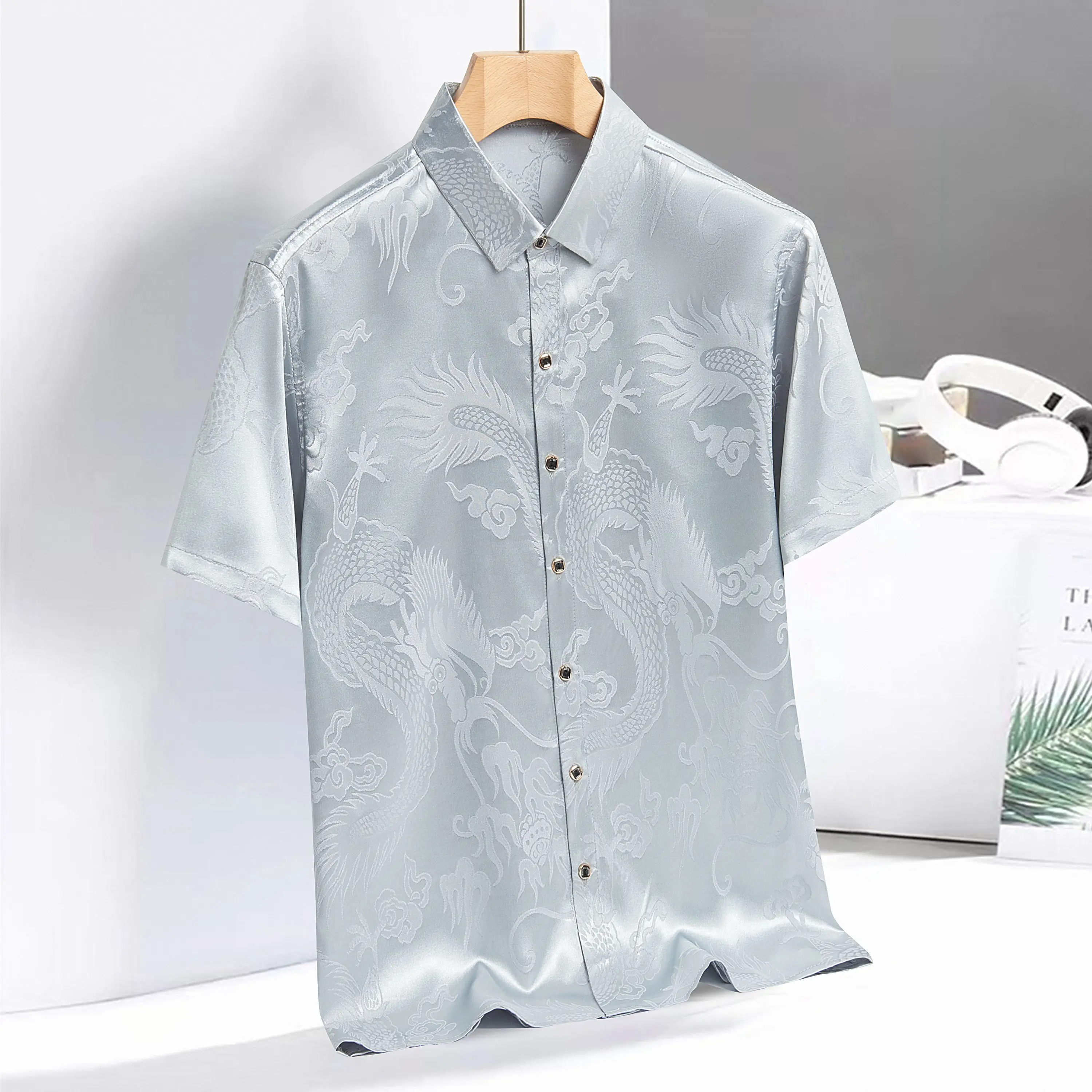 Vintage Chinese Dragon Print Tang Suit Shirt Tops Traditional Clothing For Men Silky Kungfu Blouse Cheongsam Top Hanfu Men