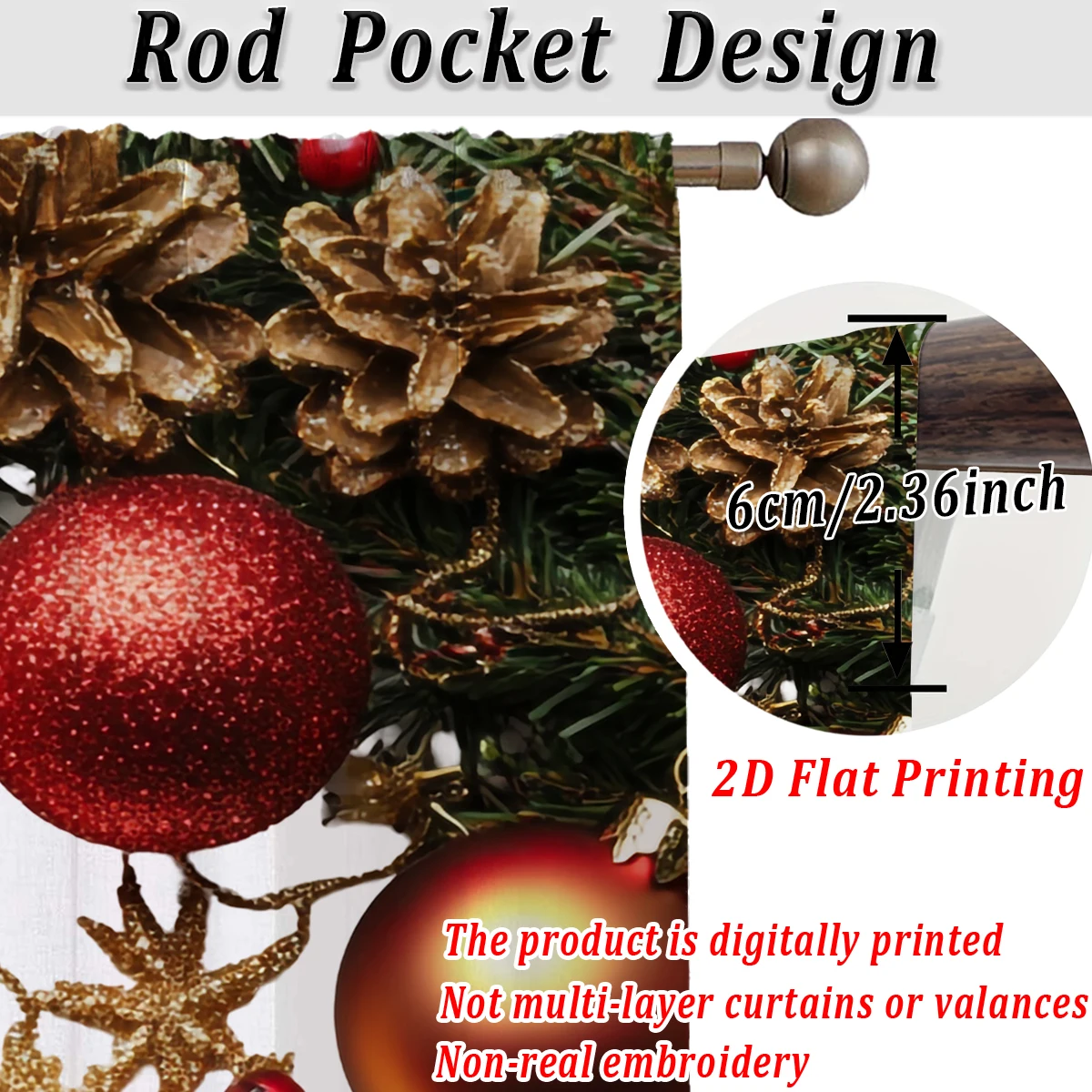 Christmas Flat Printing Sheer Curtain with Christmas Ball Pinecone Ornament Berry for Living Room Bedroom Decor Holiday Party