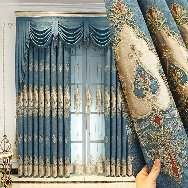 

High-end European Embroidery New Blackout Thicken Room Decor Curtain for Living Room Simple Atmospheric Chenille Fabric Curtain