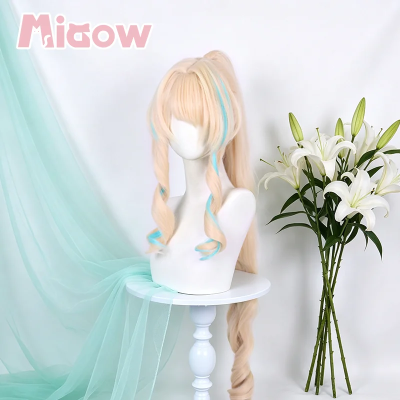 Game Genshin Vesna Cosplay Wig, Long Curly Blonde Ponytail with Cyan Blue Highlights Pre‑Styled Hair for Halloween Cosplay Party