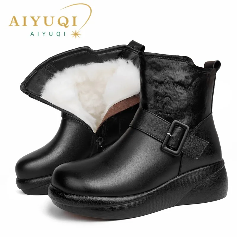 

AIYUQI Snow Boots Ladies Genuine Leather 2025 New Wedge Winter Shoes Boots Women Natural Wool Non-slip Mom Boots Women