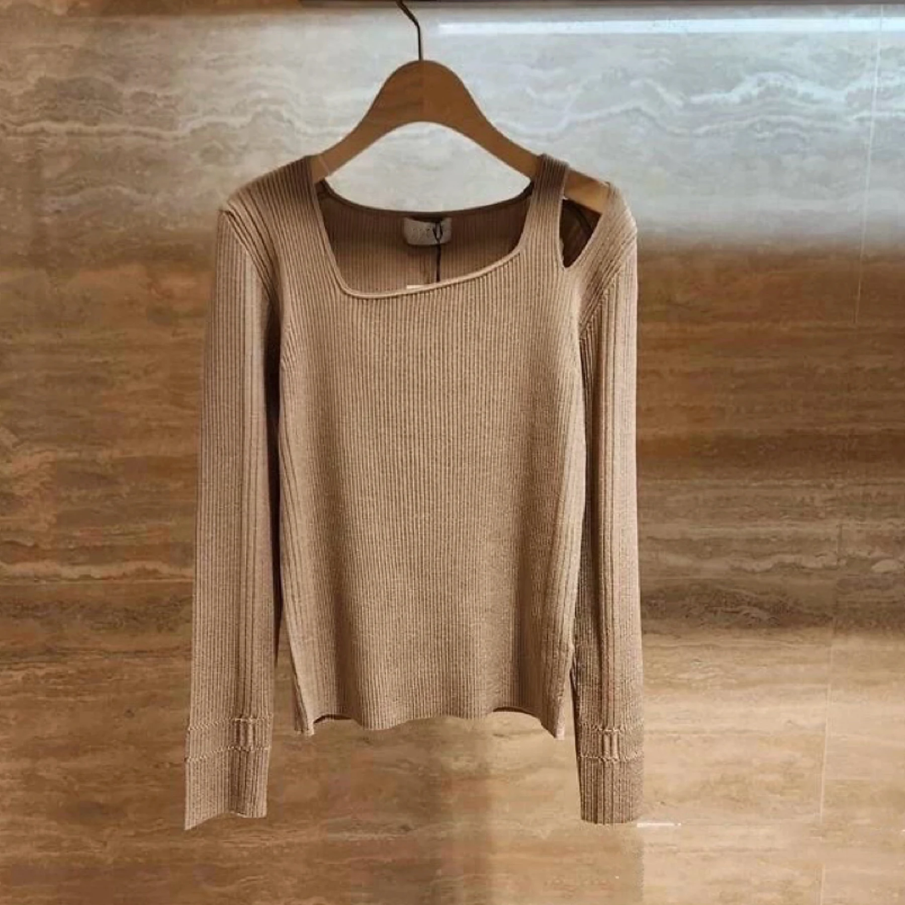 

Faionable Knitted Sweater oulder Bared Square Collar Hollow out Versatile Classic Sle Women's Long Sve Crew Ne Top