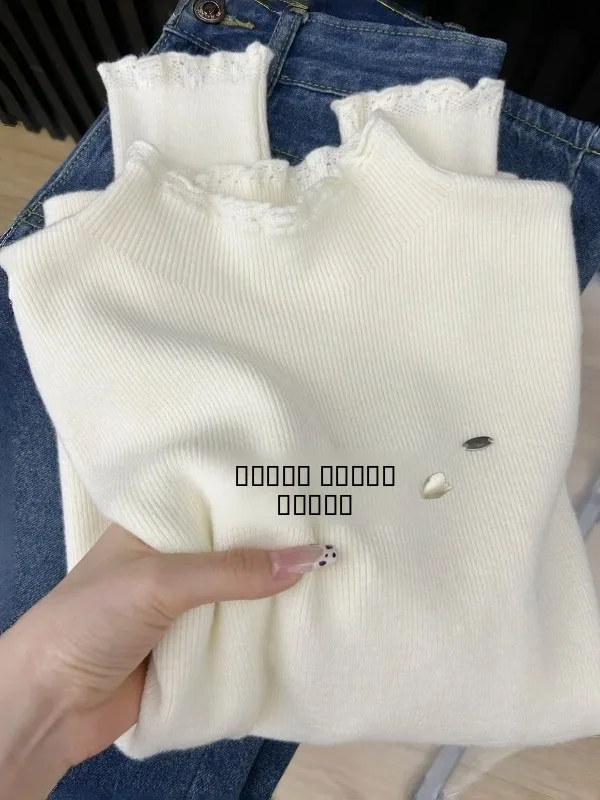 เสื้อสเวตเตอร์ถักลูกไม้สวยงามสำหรับผู้หญิง แฟชั่นฤดูใบไม้ร่วงฤดูหนาว ใส่ซ้อนเลเยอร์ได้ คอสูง เนื้อผ้านุ่มสบาย เหมาะสำหรับเป็นเสื้อตัวใน