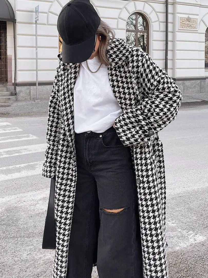 Imagem -02 - Cabolsa de Trincheira Feminino Solto Elegante Lapela Jaqueta de Escritório de Alta Qualidade Clássico Preto e Branco Sobretudo Quente Inverno