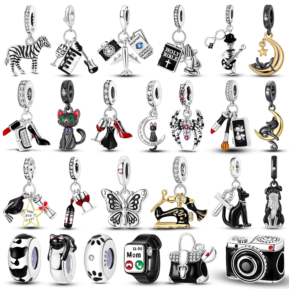 Black Series Charms aus 925er Silber, Katze, High Heels, Lippenstifte, Perlen, passend für Original-Armbänder, DIY-Anhänger, Modeschmuck für Damen