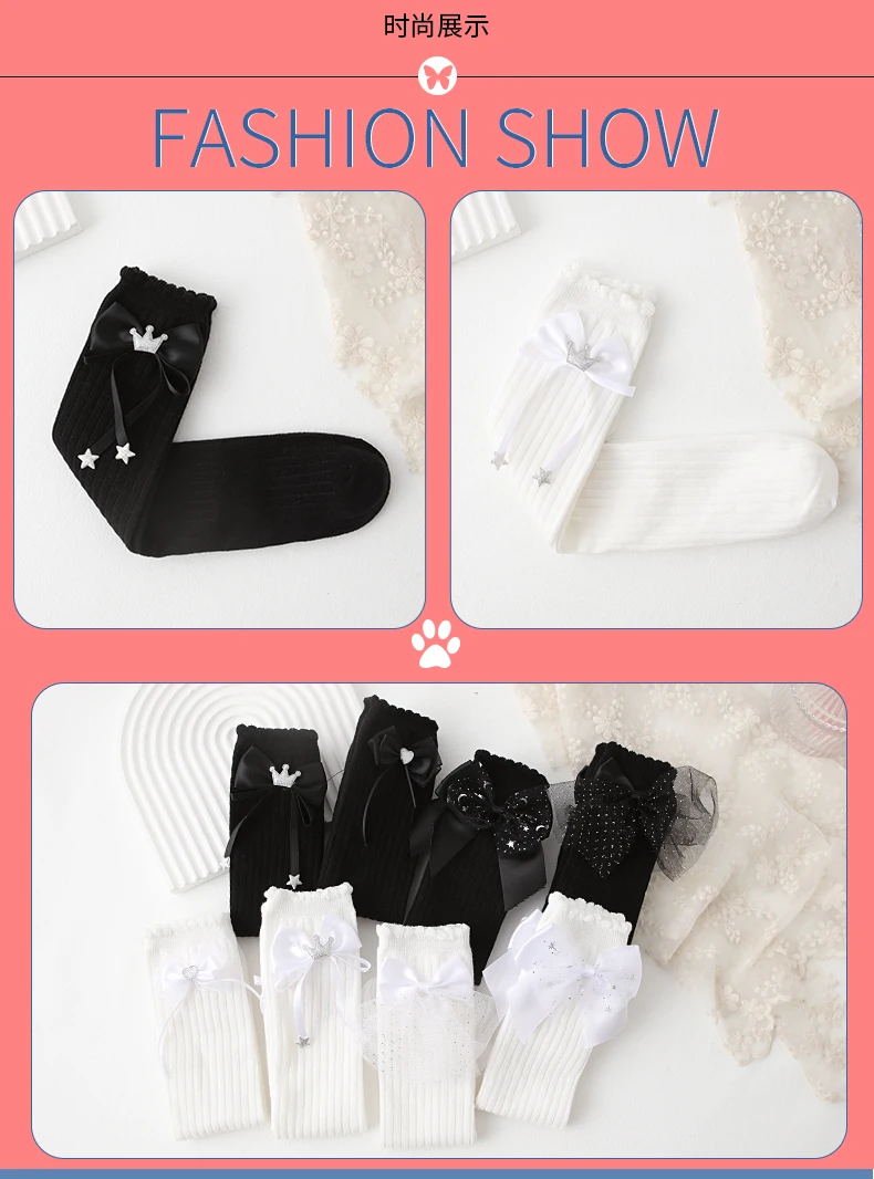 Neue Kinder Mädchen Bogen lange Socken Frühling Herbst Baumwolle über dem Knie hoch kawaii Socken niedlich glänzend Krone Stern Baby Lolita Strümpfe – Detail 2