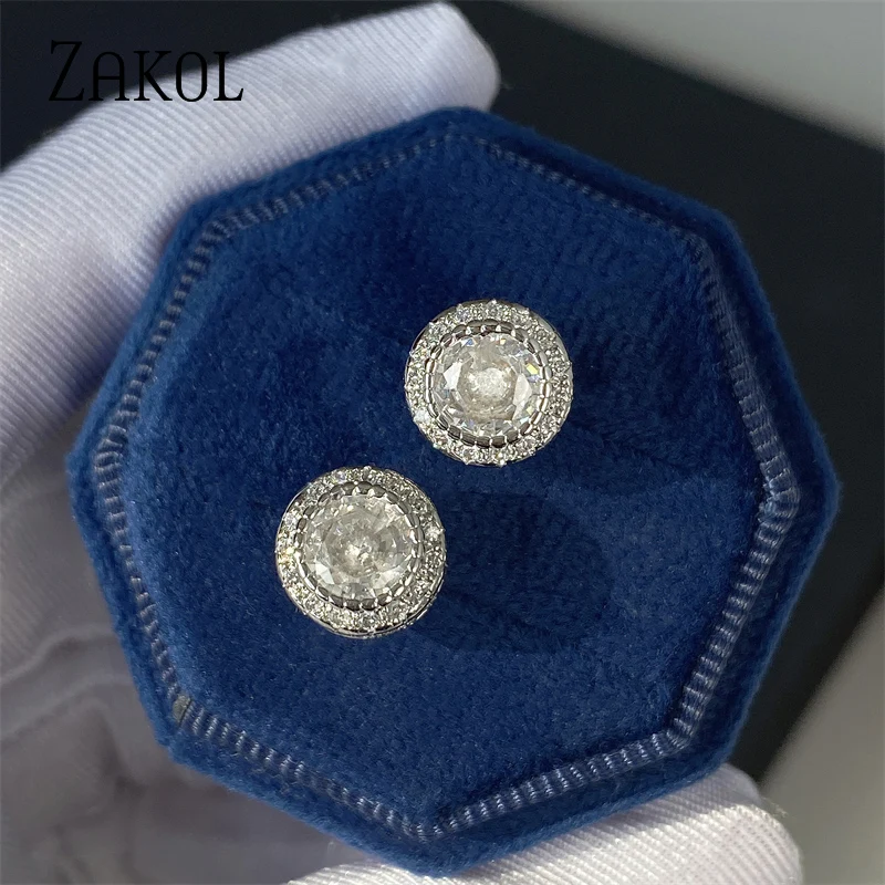 ZAKOL Simple Round Zirconia Crystal  Stud Earrings for Women Hip Hop Men Earring Exquisite Party Jewelry