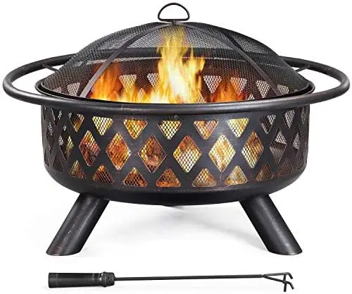 Fire Pit 36in Outdoor Wood Burning Fire Pits Wood Large Fire Bowl for Outside BBQ Bonfire Patio with Mesh Spark Sn