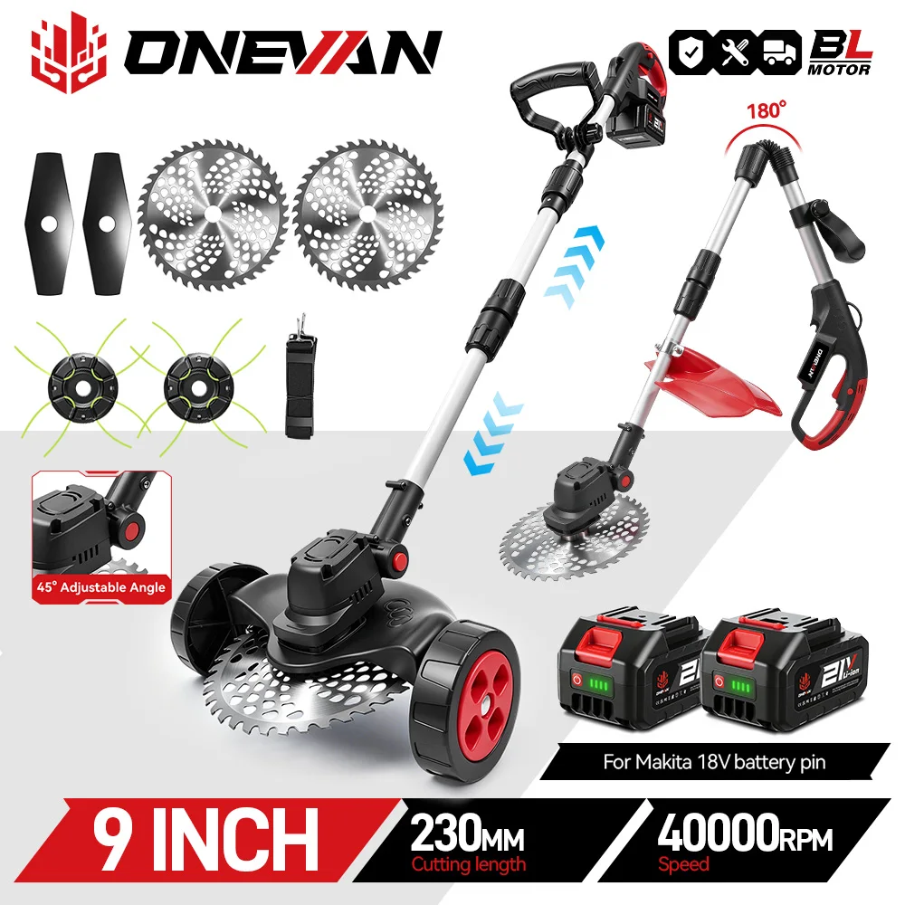ONEVAN 9-Zoll Bürstenloser Elektrischer Rasenmäher 4000W Faltbarer Kabelloser Rasentrimmer Garten-Elektrowerkzeug für Makita 18V Akku